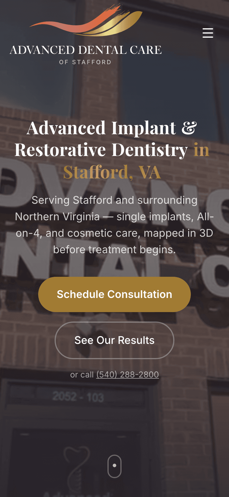 Advanced Dental Care of Stafford website on a phone