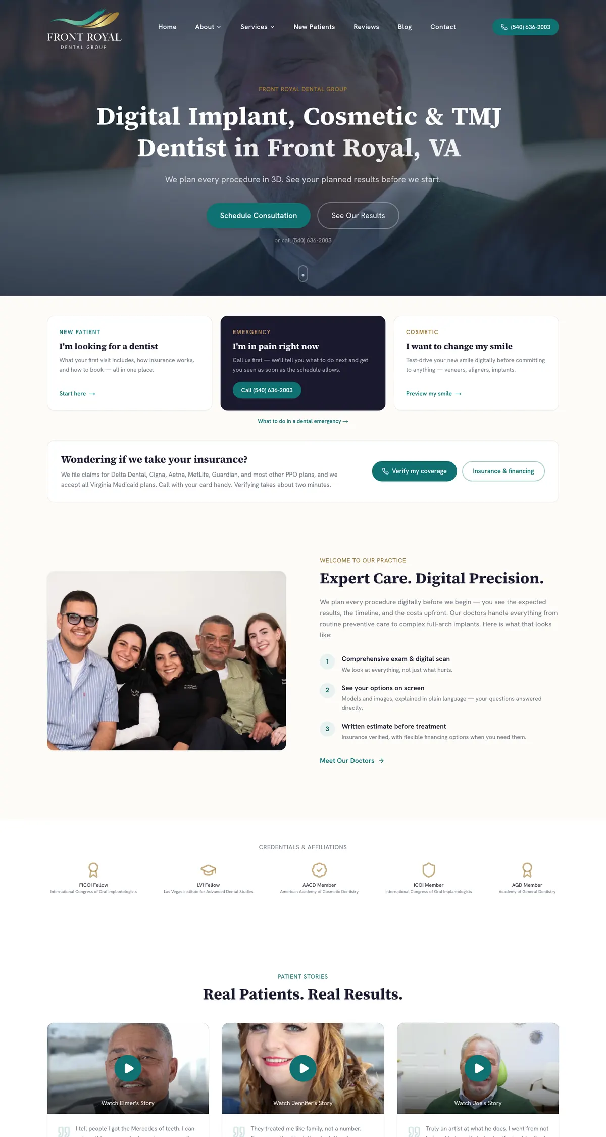 Front Royal Dental Group website on a desktop, Front Royal, VA