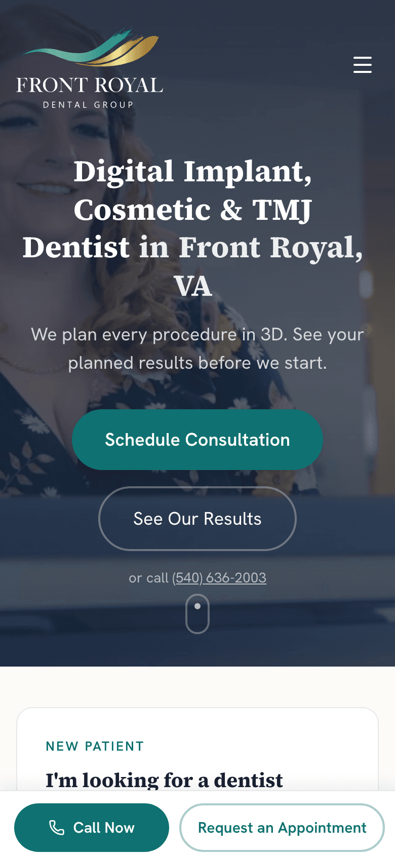 Front Royal Dental Group website on a phone