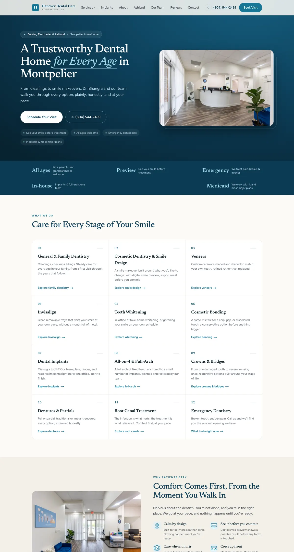 Hanover Dental Care website on a desktop, Montpelier, VA