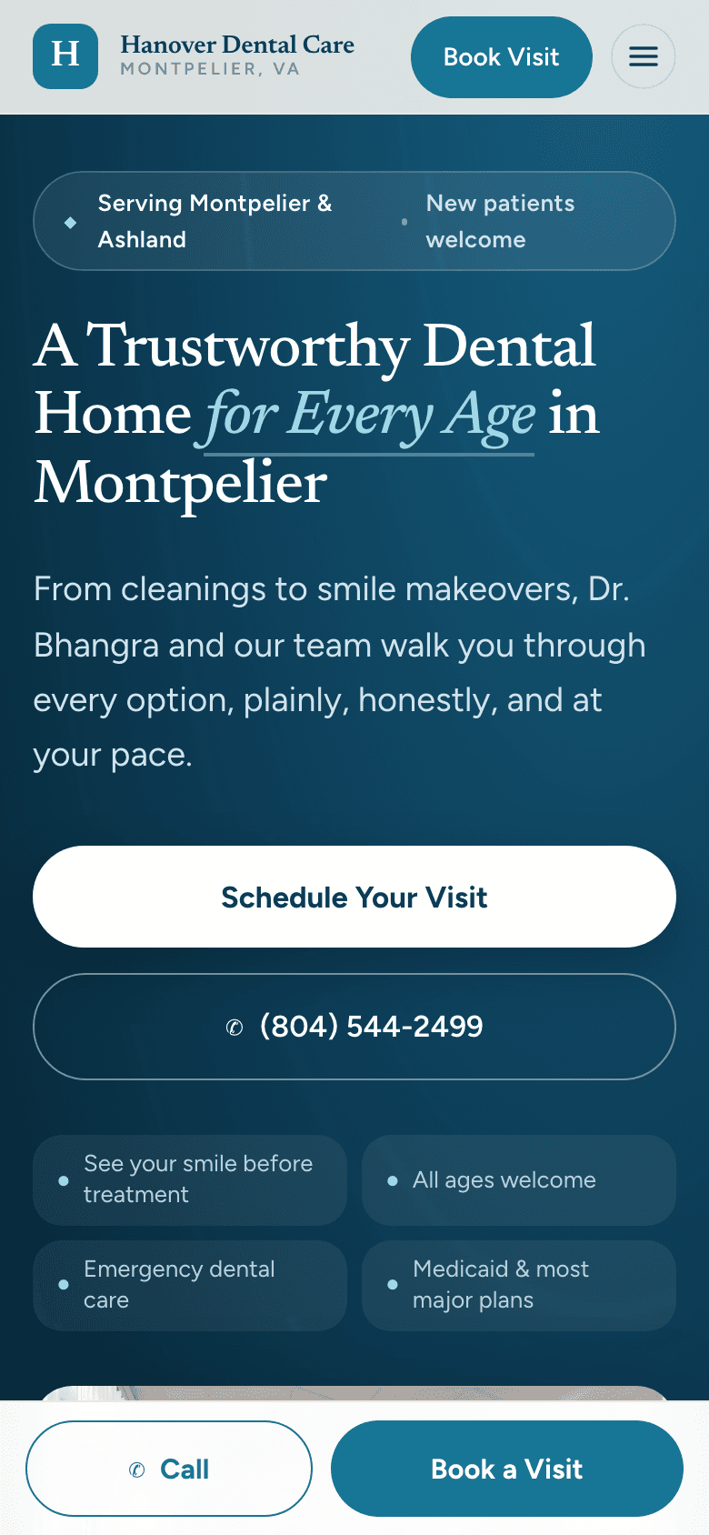 Hanover Dental Care website on a phone